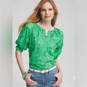 Chico's Emerald Green Floral Appliqué Puff-Sleeve Button Up Blouse Women’s Sz 20